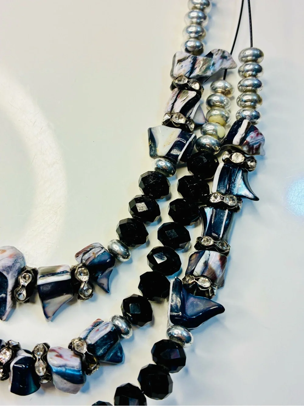 Multi-Strand Mother Of Pearl Chunky BLK & Iridescent Beaded Statement Necklace